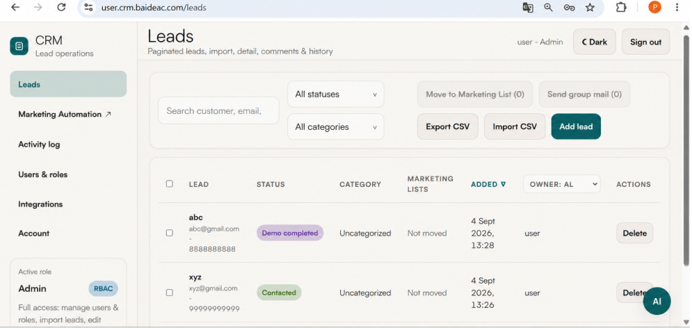 Baideac AI-Powered Customer Manager — Leads workspace with statuses, categories, marketing lists and lead history